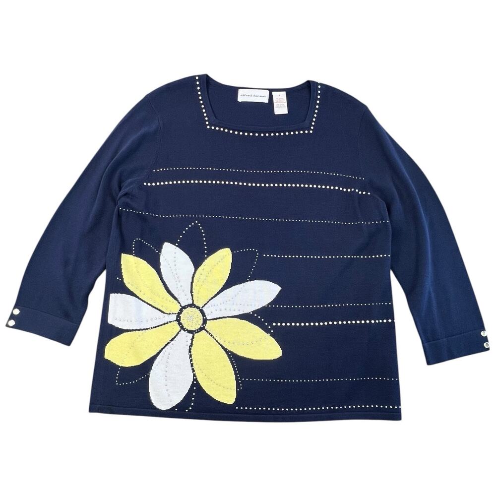 Alfred Dunner Navy Floral Rhinestone Embellished 3/4 Sleeve Sweater Women’s S